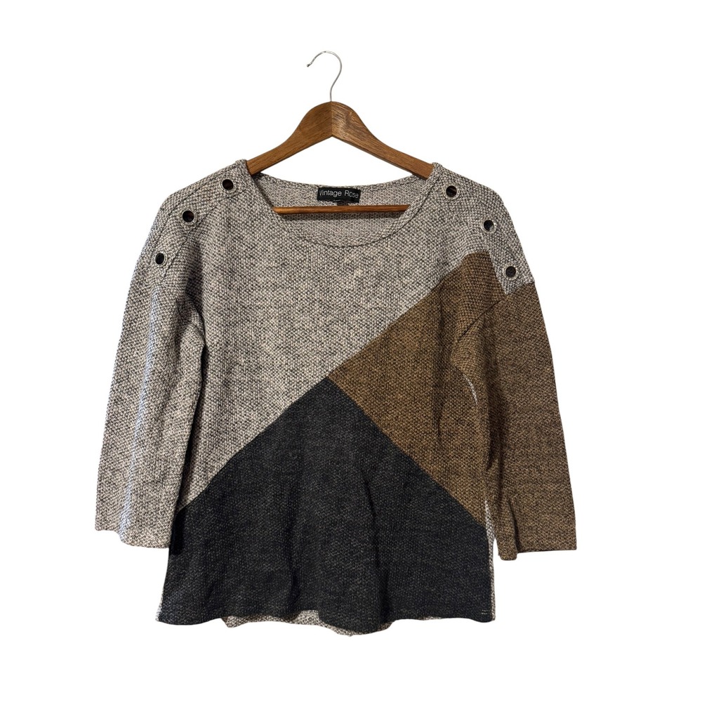 Vintage Rose Colorblock Sweater Womens Medium Grey Brown Excellent Grommet Top